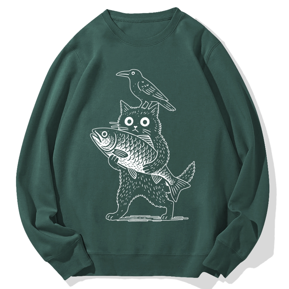 Cat Fish Crow Cotton Sweatshirt