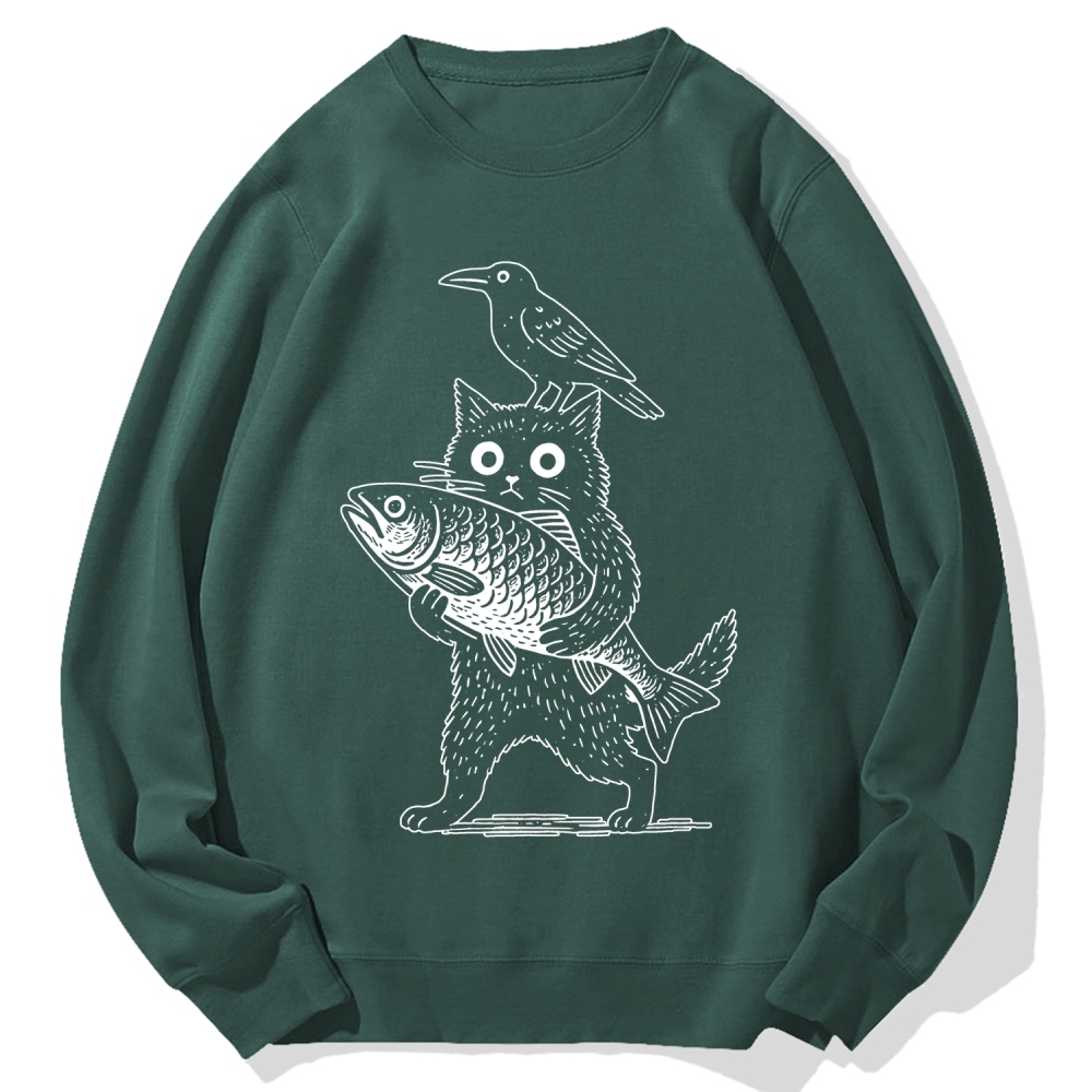 Cat Fish Crow Cotton Sweatshirt