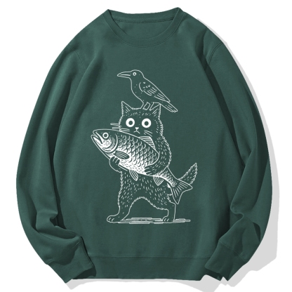 Cat Fish Crow Cotton Sweatshirt