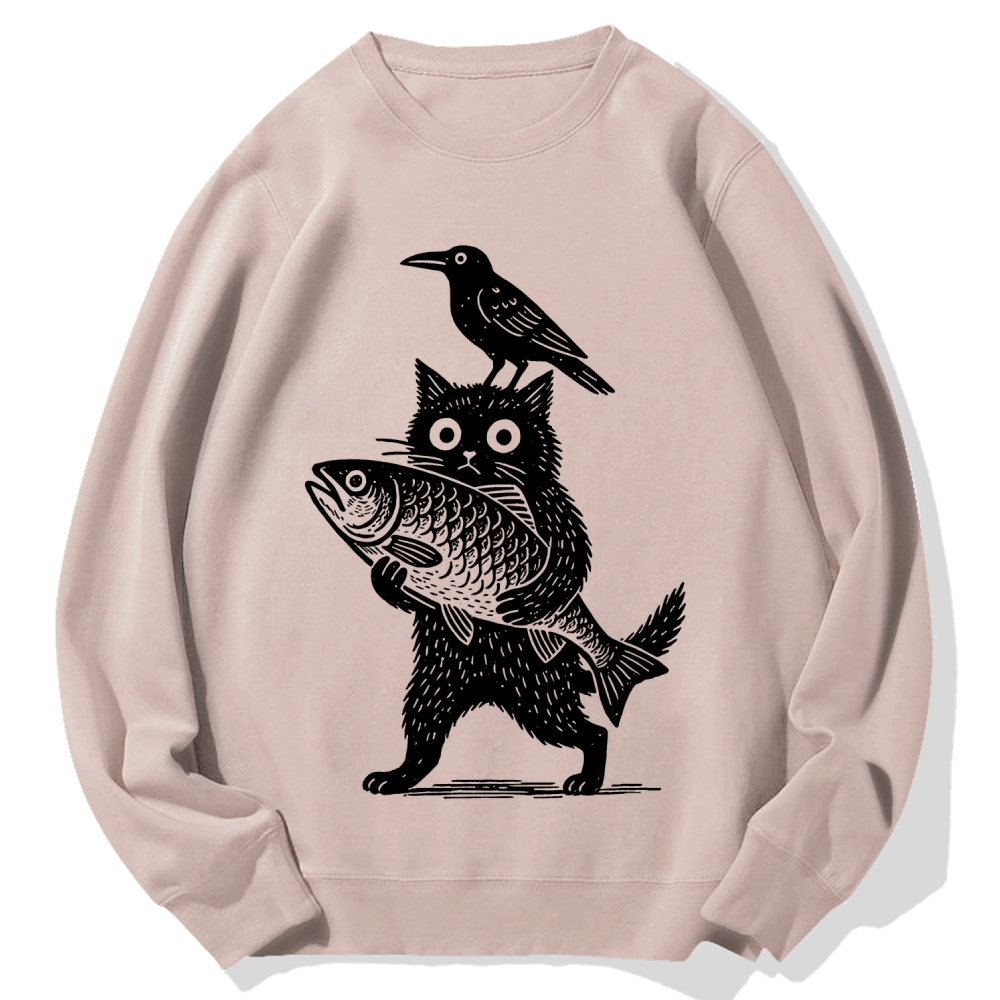 Cat Fish Crow Cotton Sweatshirt