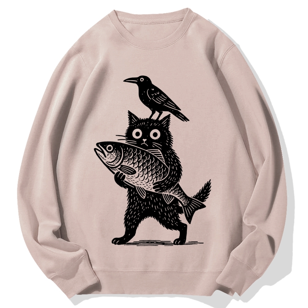 Cat Fish Crow Cotton Sweatshirt