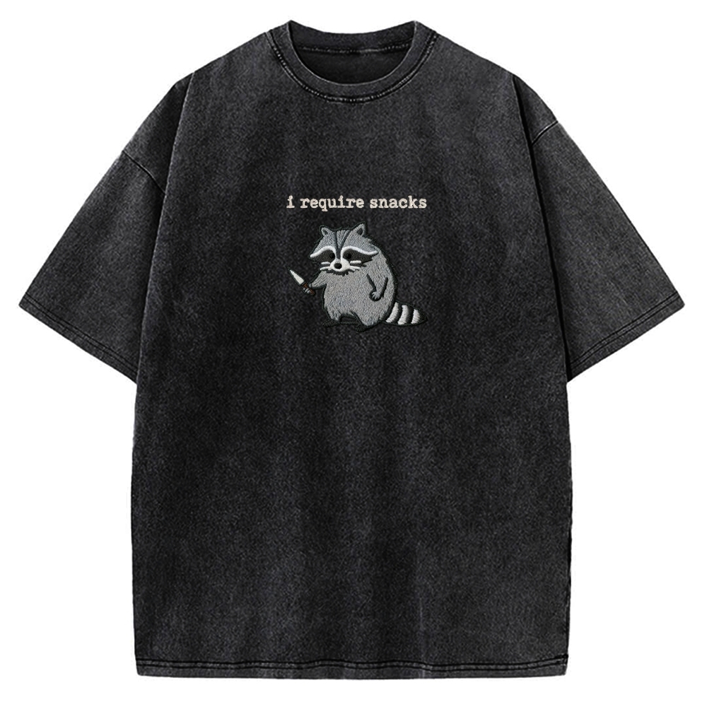 I Require Snacks Embroidered Raccoon Vintage Washed T-shirt