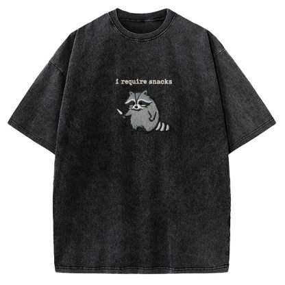 I Require Snacks Embroidered Raccoon Vintage Washed T-shirt