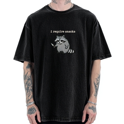 I Require Snacks Embroidered Raccoon Vintage Washed T-shirt