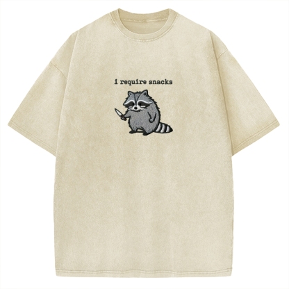 I Require Snacks Embroidered Raccoon Vintage Washed T-shirt
