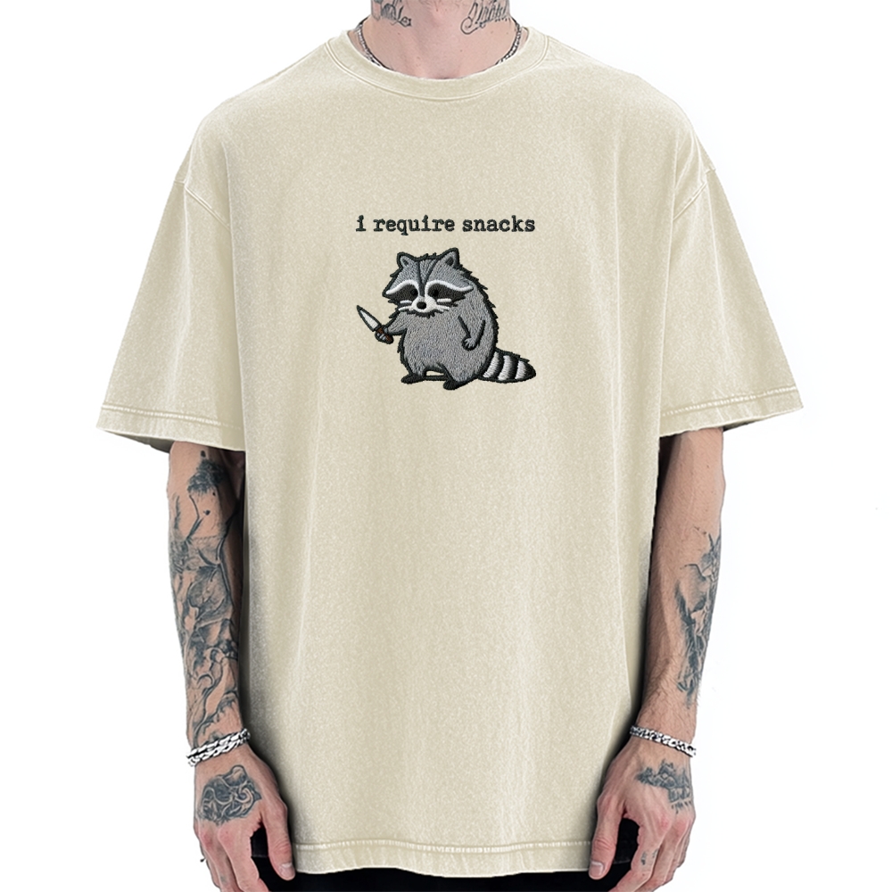 I Require Snacks Embroidered Raccoon Vintage Washed T-shirt