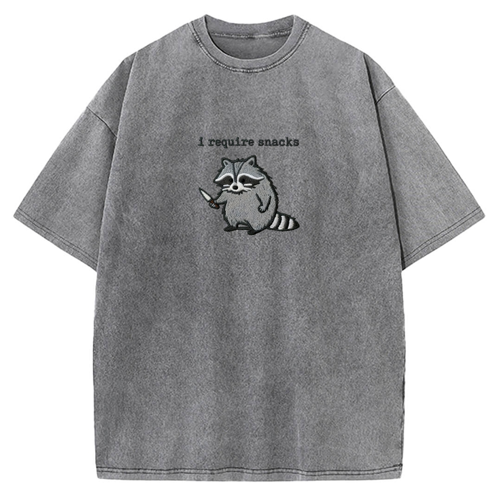 I Require Snacks Embroidered Raccoon Vintage Washed T-shirt