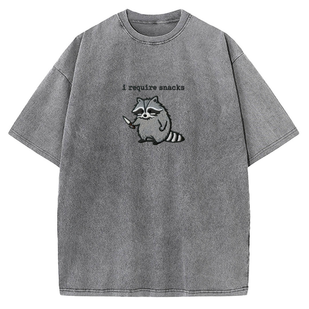 I Require Snacks Embroidered Raccoon Vintage Washed T-shirt