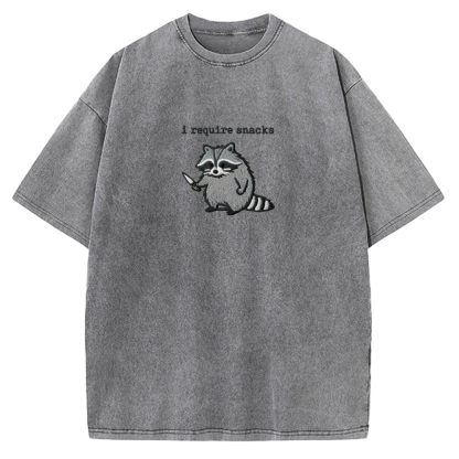 I Require Snacks Embroidered Raccoon Vintage Washed T-shirt