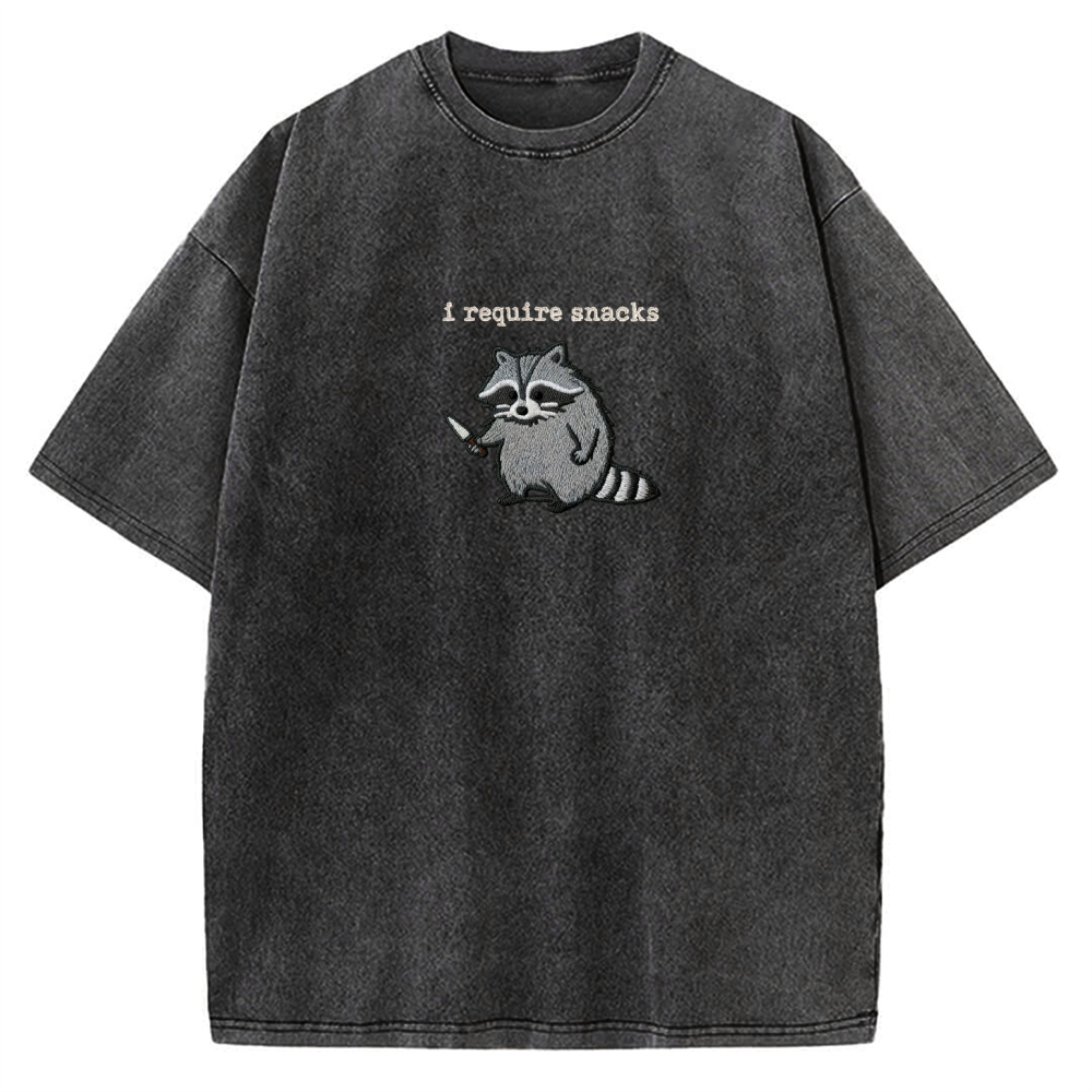 I Require Snacks Embroidered Raccoon Vintage Washed T-shirt