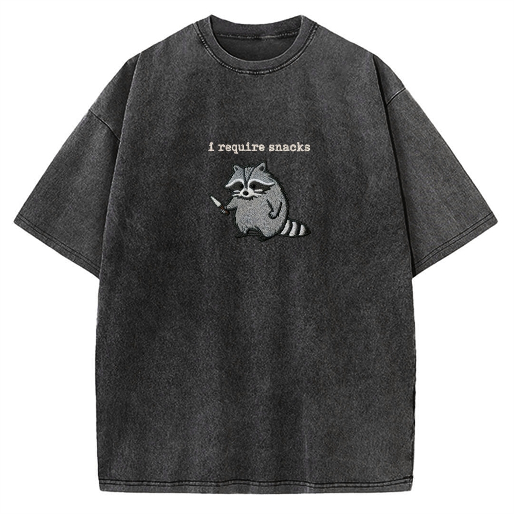 I Require Snacks Embroidered Raccoon Vintage Washed T-shirt