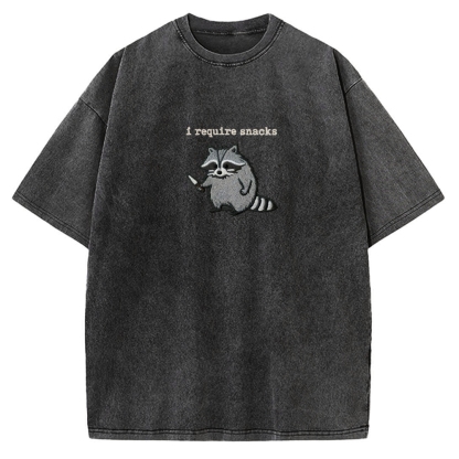 I Require Snacks Embroidered Raccoon Vintage Washed T-shirt