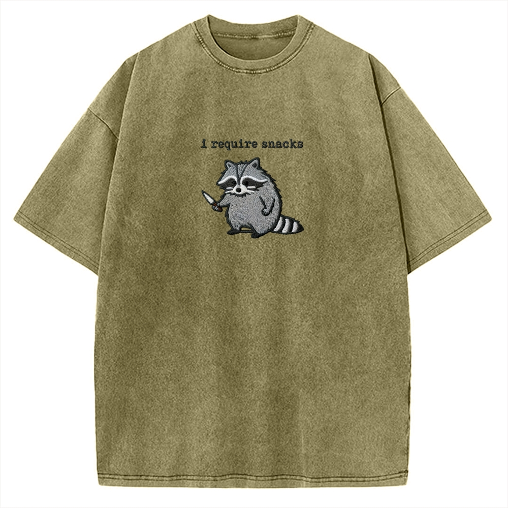 I Require Snacks Embroidered Raccoon Vintage Washed T-shirt