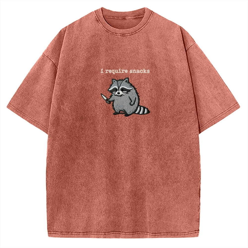 I Require Snacks Embroidered Raccoon Vintage Washed T-shirt
