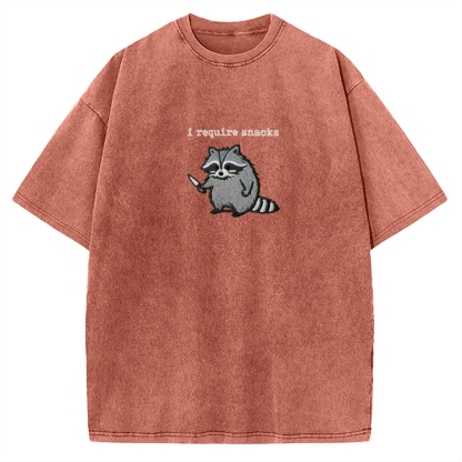 I Require Snacks Embroidered Raccoon Vintage Washed T-shirt