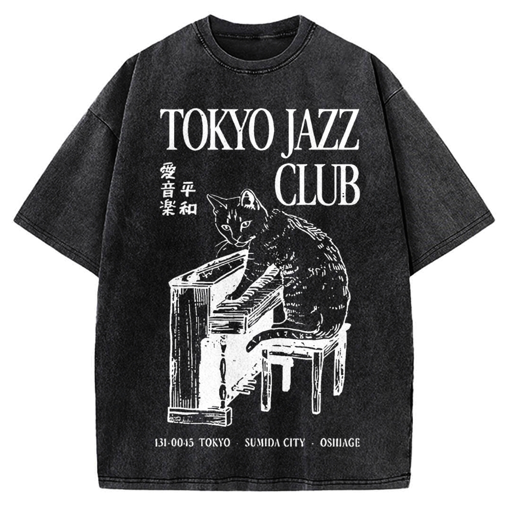 Cat Playing The Piano Japan Vintage Washed T-shirt