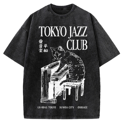 Cat Playing The Piano Japan Vintage Washed T-shirt