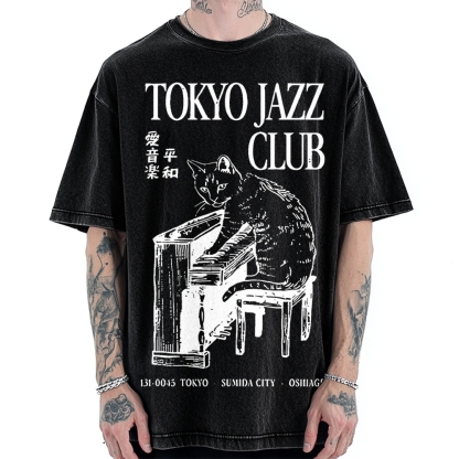 Cat Playing The Piano Japan Vintage Washed T-shirt
