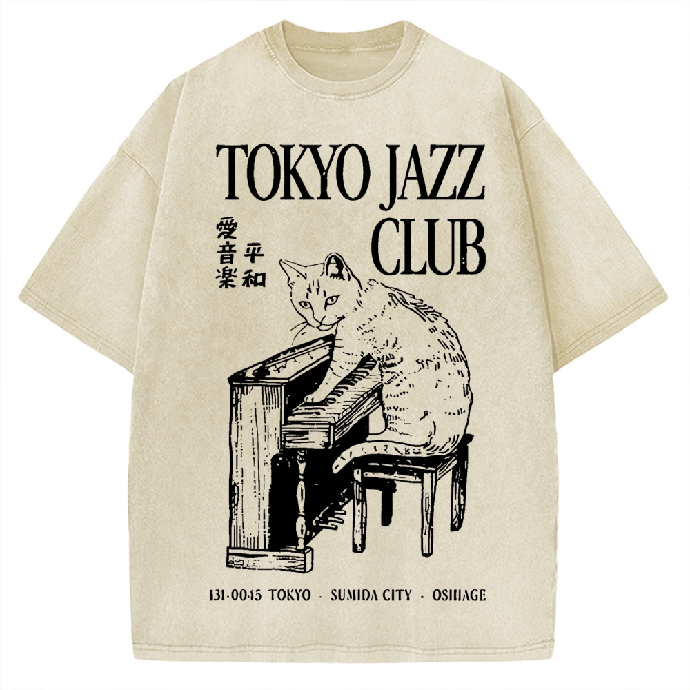 Cat Playing The Piano Japan Vintage Washed T-shirt