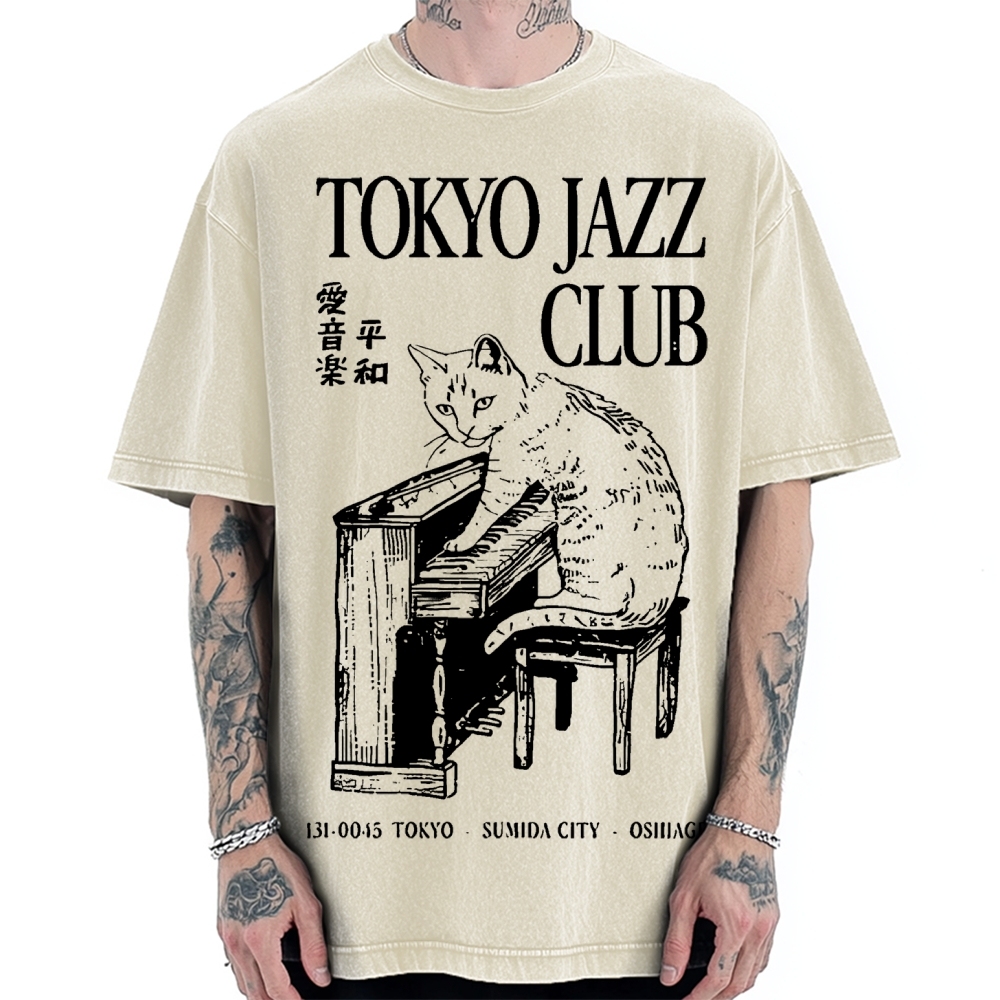 Cat Playing The Piano Japan Vintage Washed T-shirt