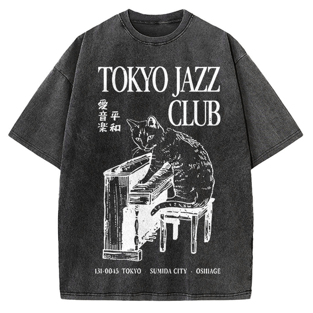 Cat Playing The Piano Japan Vintage Washed T-shirt