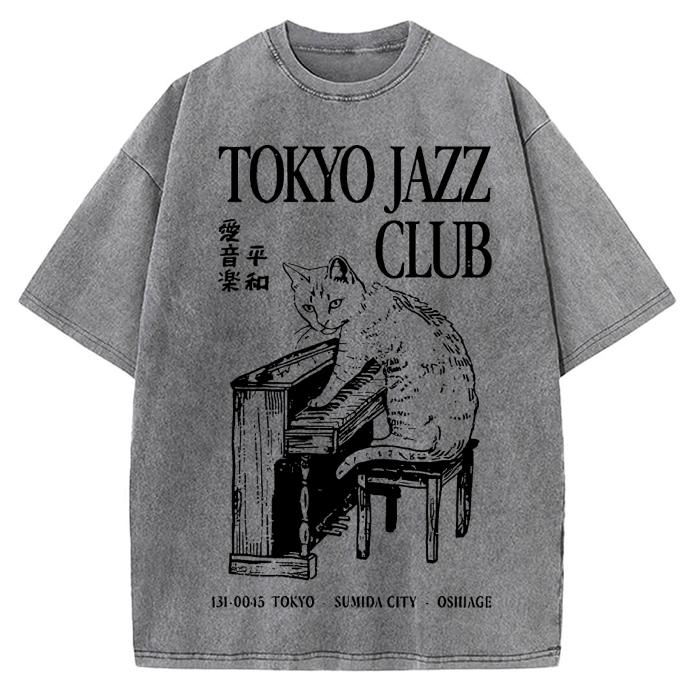Cat Playing The Piano Japan Vintage Washed T-shirt