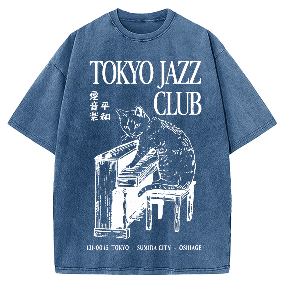 Cat Playing The Piano Japan Vintage Washed T-shirt