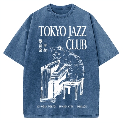 Cat Playing The Piano Japan Vintage Washed T-shirt