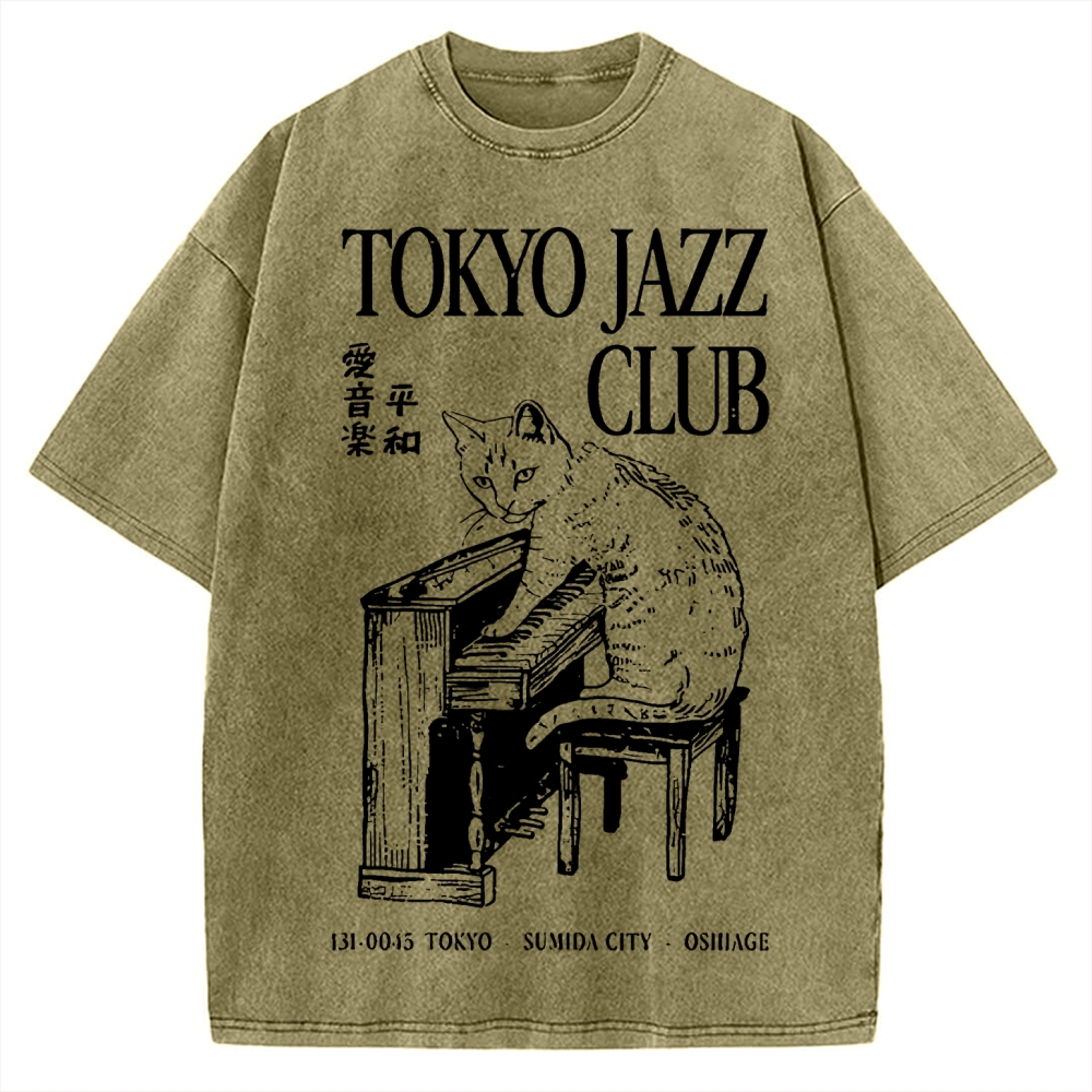 Cat Playing The Piano Japan Vintage Washed T-shirt