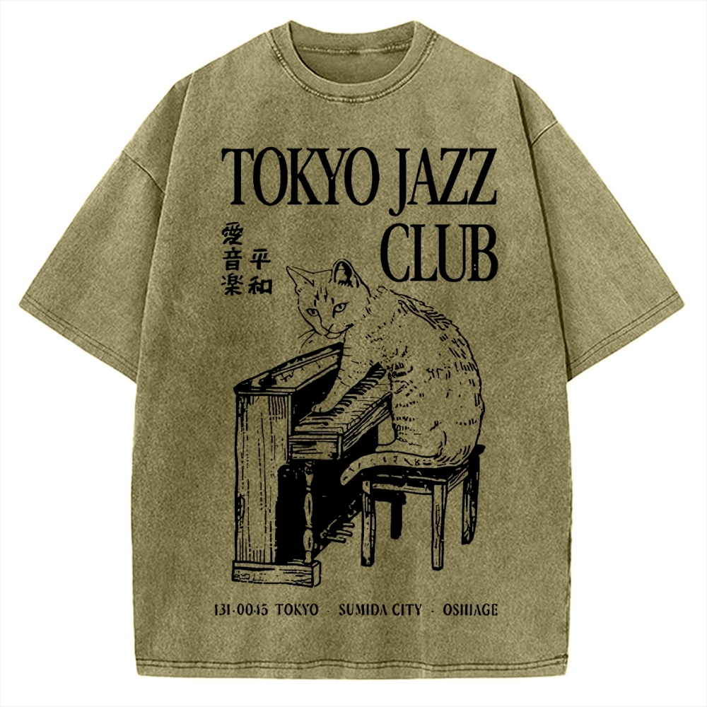 Cat Playing The Piano Japan Vintage Washed T-shirt