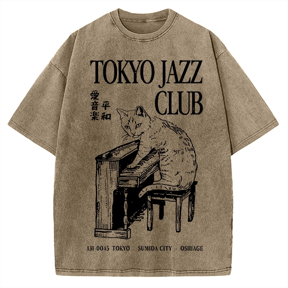 Cat Playing The Piano Japan Vintage Washed T-shirt