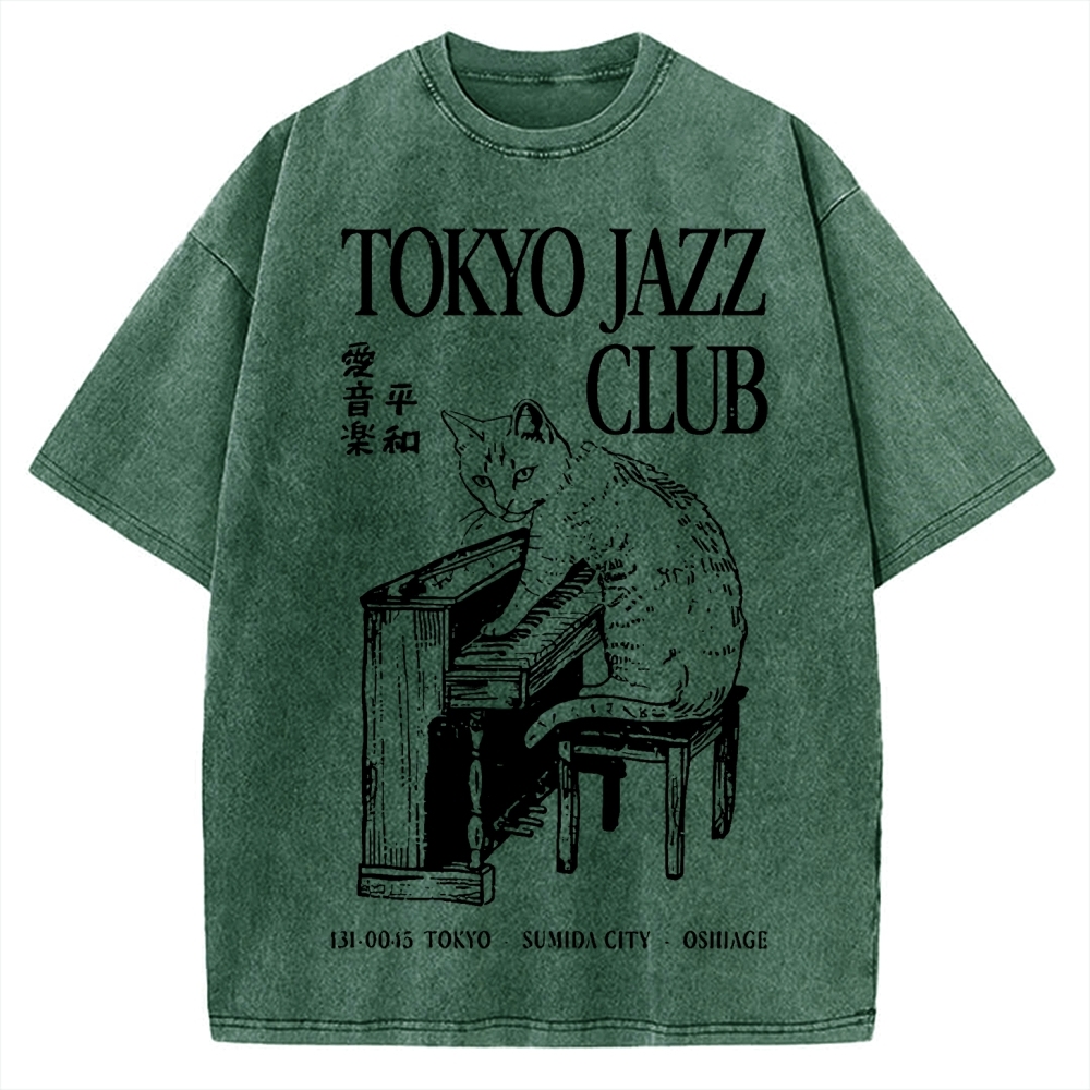 Cat Playing The Piano Japan Vintage Washed T-shirt