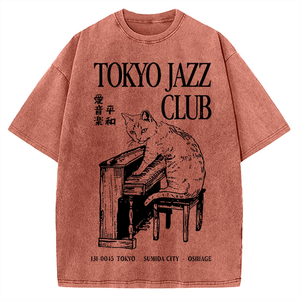 Cat Playing The Piano Japan Vintage Washed T-shirt