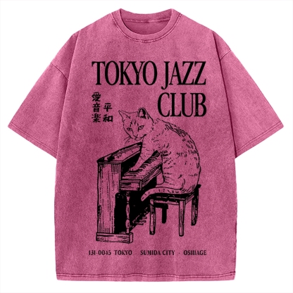 Cat Playing The Piano Japan Vintage Washed T-shirt