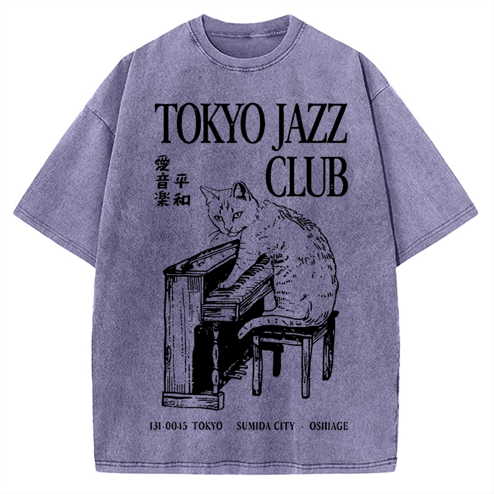 Cat Playing The Piano Japan Vintage Washed T-shirt
