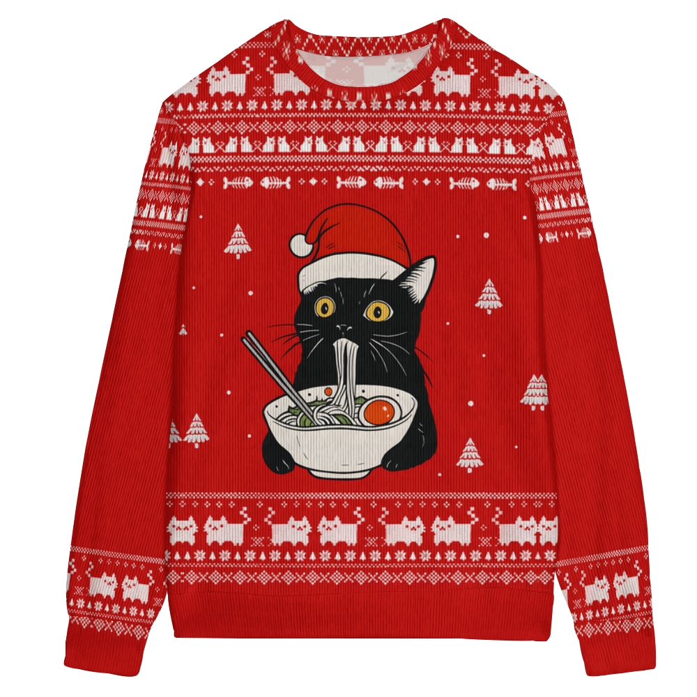 Cat Eating Ramen Christmas Ugly Sweatshirt