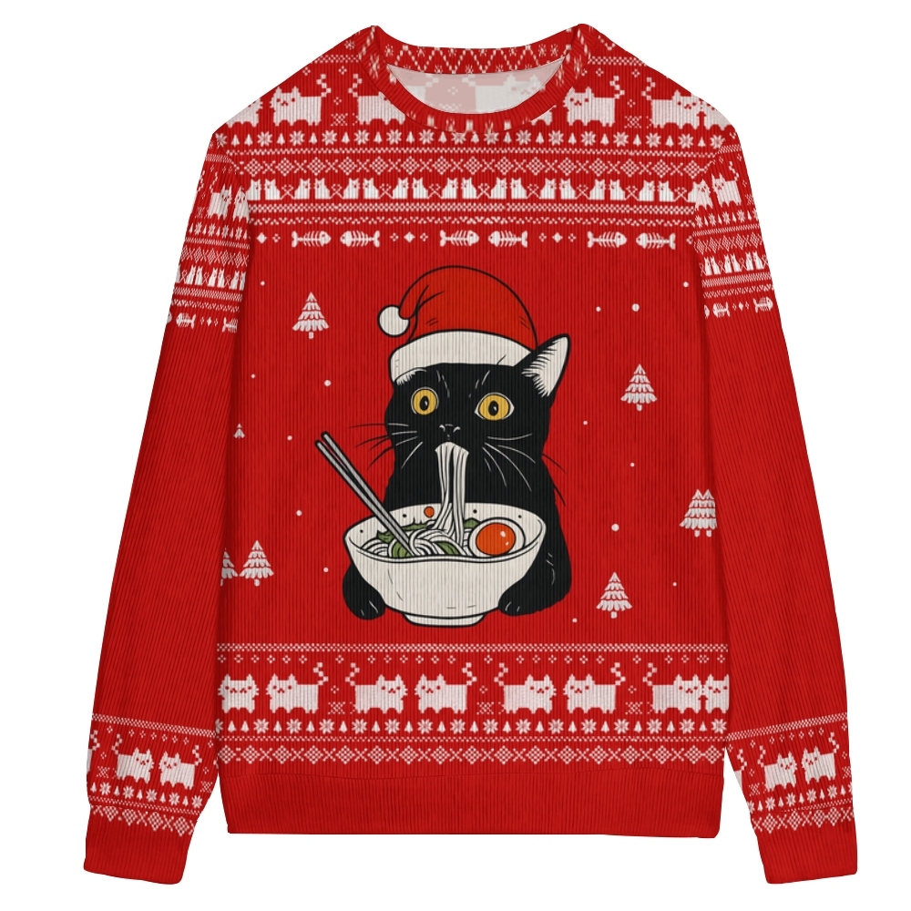 Cat Eating Ramen Christmas Ugly Sweatshirt