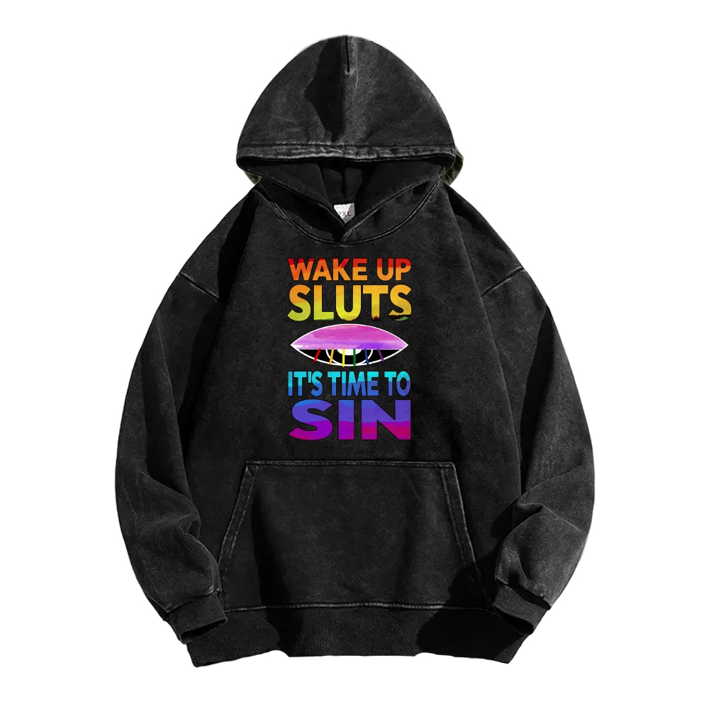 Wake Up It's Time To Sin Funny Vintage Washed Hoodie
