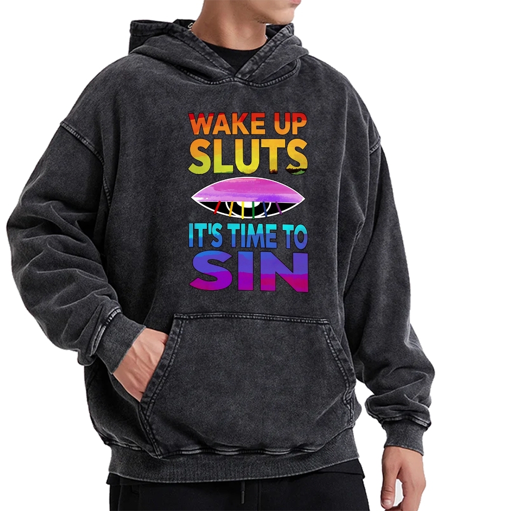 Wake Up It's Time To Sin Funny Vintage Washed Hoodie