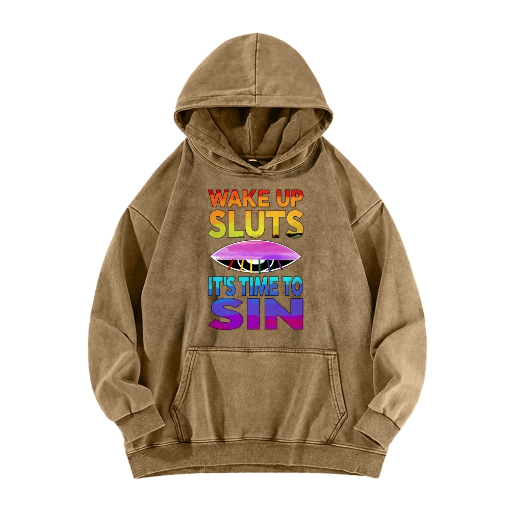 Wake Up It's Time To Sin Funny Vintage Washed Hoodie