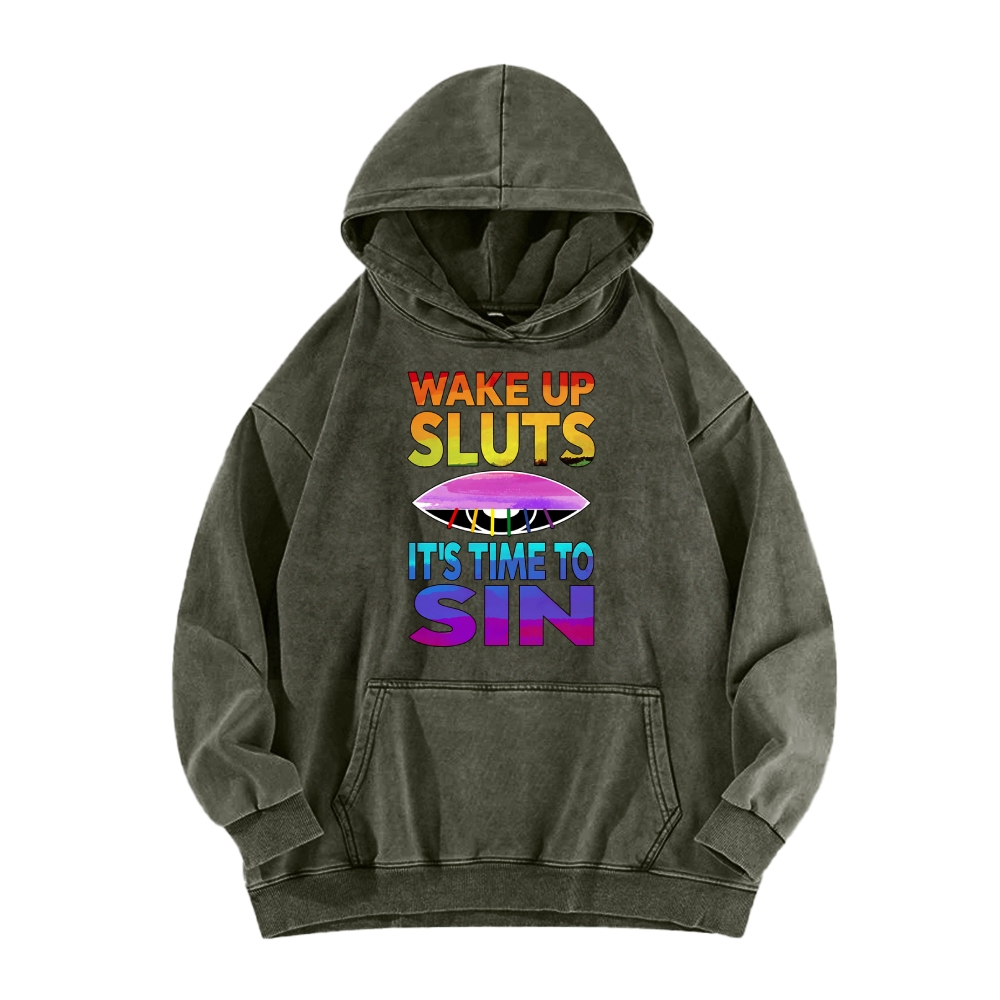 Wake Up It's Time To Sin Funny Vintage Washed Hoodie