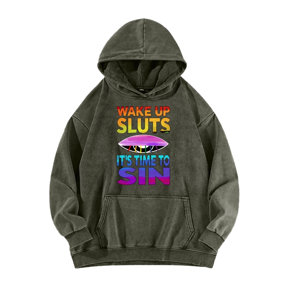 Wake Up It's Time To Sin Funny Vintage Washed Hoodie