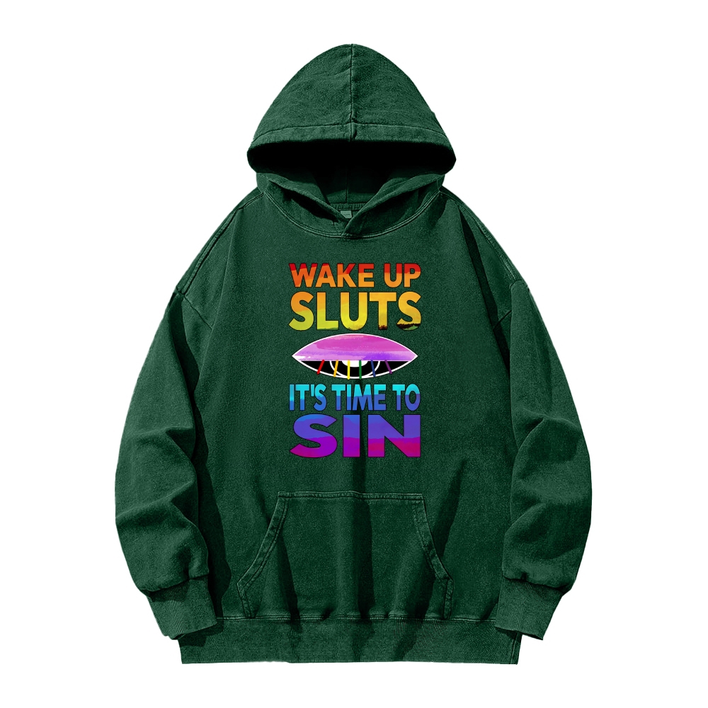 Wake Up It's Time To Sin Funny Vintage Washed Hoodie