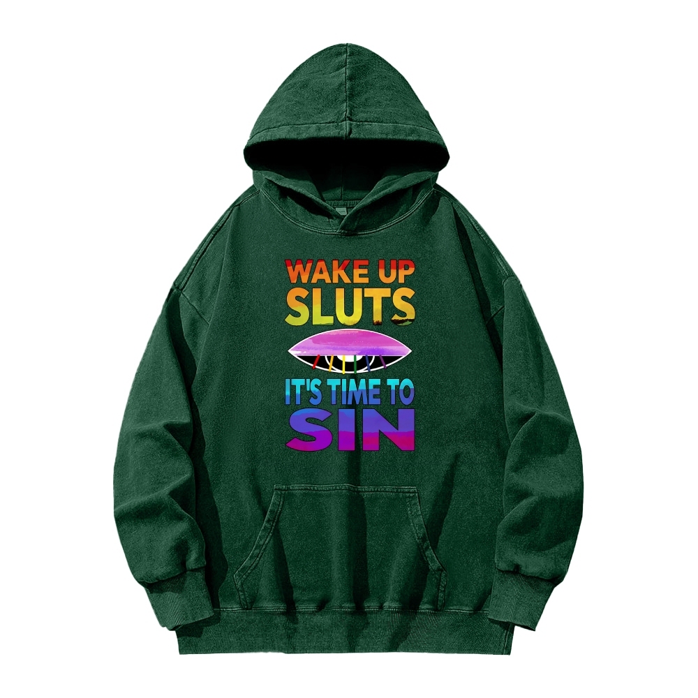 Wake Up It's Time To Sin Funny Vintage Washed Hoodie