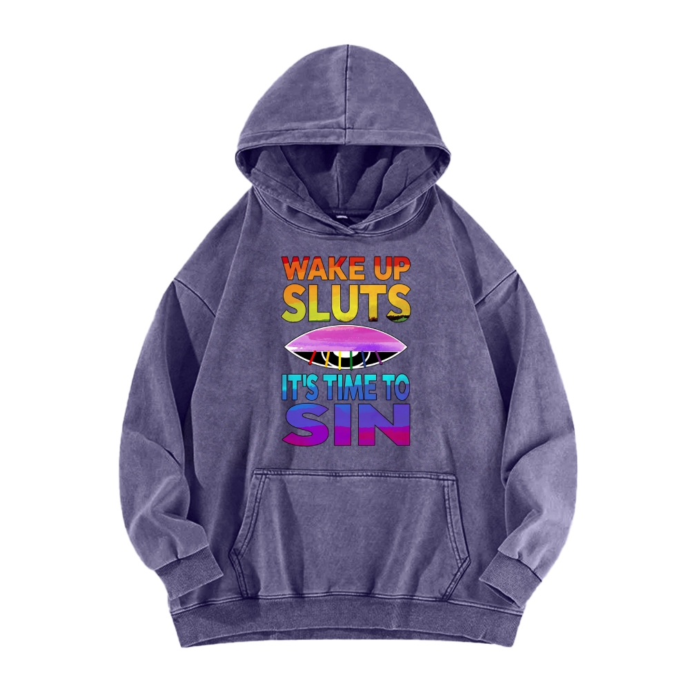 Wake Up It's Time To Sin Funny Vintage Washed Hoodie
