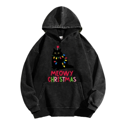 Meowy Christmas Funny Black Cat Vintage Washed Hoodie