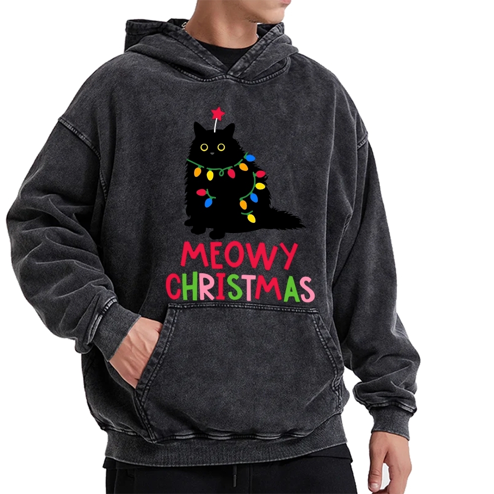 Meowy Christmas Funny Black Cat Vintage Washed Hoodie