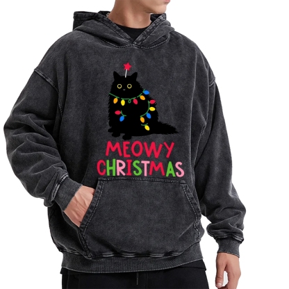 Meowy Christmas Funny Black Cat Vintage Washed Hoodie