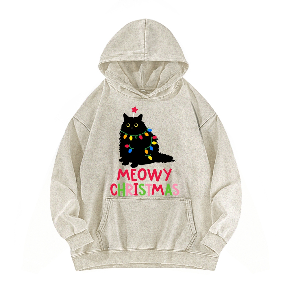 Meowy Christmas Funny Black Cat Vintage Washed Hoodie