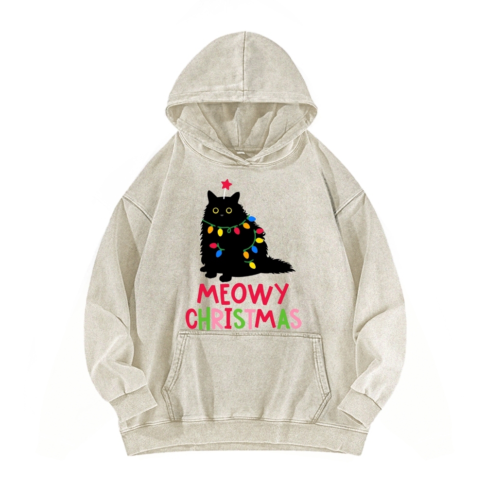 Meowy Christmas Funny Black Cat Vintage Washed Hoodie